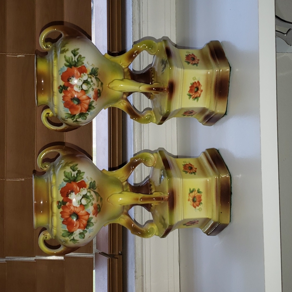 Antique Czechoslovakian Urn Vases with handles Yellow 8"